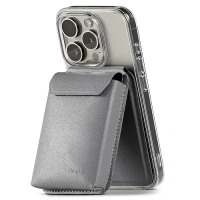 Obrázek Ringke Stojánek Magnetic Card Holder, PU kůže magnetický mobil Wallet nastavitelný stojan, light gray, Kompaktní