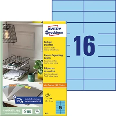 Obrázek AVERY Zweckform 3453 modré etikety (1600 nálepek, 105 x 37 mm na A4, permanentní přilnavé, samolepicí barevné etikety, papír matná, potištěné, lepicí etikety) 100 listů