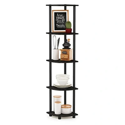 Obrázek Furinno Rohový regál s 5 úrovněmi, víceúčelový regál, kompozitní dřevo, PVC trubky, espresso/černá, 29,46 x 146,56 cm