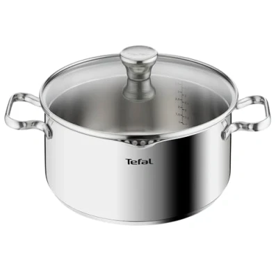 Obrázek Tefal Hrnec na vaření A70546 Duetto 24 cm vhodný pro indukci snadné mytí v myčce měřící stupnice skleněná poklice k vylévání ušlechtilá ocel