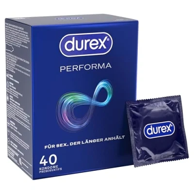 Obrázek Durex Performa kondomy příjemný zápach, pohodlné sezení a snadné odvíjení s 5 % gelem obsahujícím benzokain v kondomové špičce zvlhčený transparentní balení 40 ks (1 x kusů)