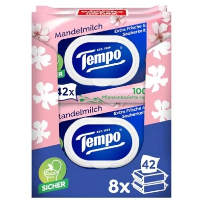 Obrázek Tempo Toaletní papír vlhké mandlové mléko a panthenol, balení 16 ks (8 x 2 42 ks)