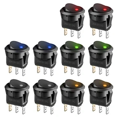 Obrázek BUYGOO 10 ks kolébkový spínač 12 V kulatý Vypínač KFZ osvětlený, DC 20 A LED Auto do auta 3 póly s 5 barvami
