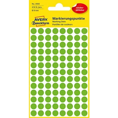Obrázek AVERY Zweckform 3592 samolepicí značkovací body 416 kusů (Ø 8 mm, odnímatelné lepicí na 4 arších, barevné kódování, kulaté nálepky kalendář, plánovač a pro kutilství, papír) zelená