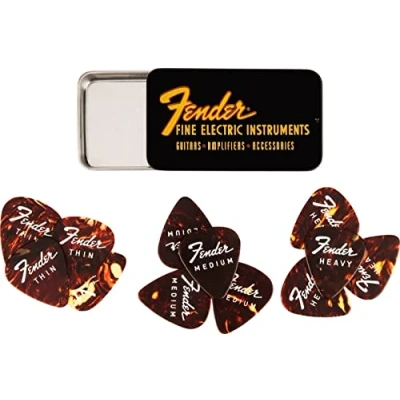 Obrázek Fender® »FINE ELECTRIC PICK TIN« trsátka ve sběratelské dóze 12 kusů Celluloid 351 tvar 3 tloušťky Tortoise Shell