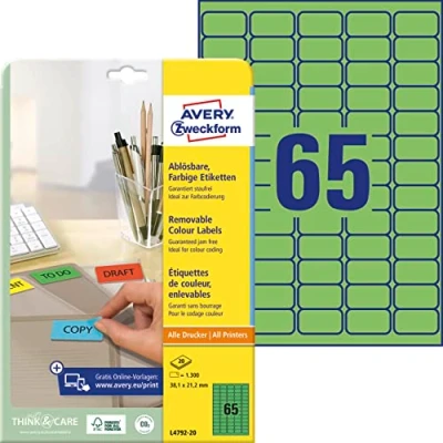 Obrázek AVERY Zweckform L4792 20 Zelené etikety (1 300 nálepek, 38,1 x 21,2 mm na A4, opět beze zbytku odstranitelné, samolepicí barevné etikety, papír matný, potiskovatelné, lepicí etikety) listů