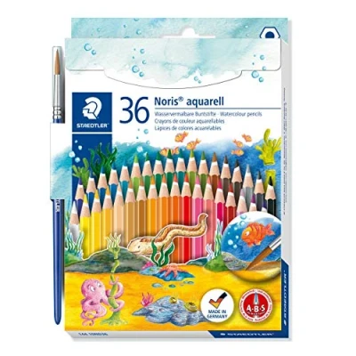 Obrázek STAEDTLER Akvarelové pastelky Noris Club 144 10ND36, zvýšená odolnost proti zlomení, šestihranná, sada 36 zářivých barev, vhodné pro děti podle EN71, PEFC dřevo