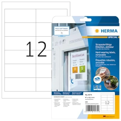 Obrázek HERMA 4574 fóliových etiket odolných proti povětrnostním vlivům odstranitelné, 20 listů, 97 x 42,3 mm, 12 na arch A4, 240 kusů, samolepicí, potisknutelné, matné, prázdné samolepicí etikety nálepka z