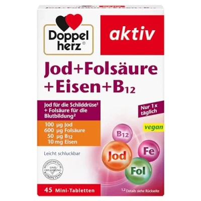 Obrázek Doppelherz jód + kyselina listová železo B12 s kyselinou listovou jako příspěvek k normální tvorbě krve 45 veganských minitablet