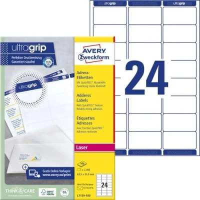 Obrázek AVERY Zweckform L7159 100 adresové štítky/adresové nálepky (2 400 etiket s ultragrip, 63,5 x 33,9 mm na A4, lze potisknout, samolepicí, pro dopisní obálky DIN B6/C6, matný papír) listů, bílá
