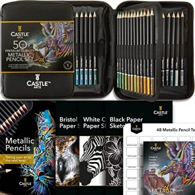 Obrázek Castle Art Supplies 48dílná sada metalických pastelek s doplňky vosková jádra v třpytivých barevných odstínech pro zkušené umělce, profesionální a barevné umělce robustní pouzdro na zip
