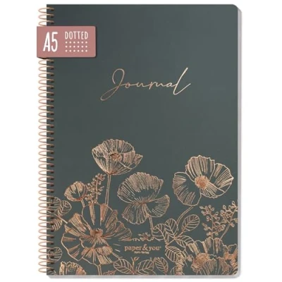Obrázek paper&amp;you® Bullet Journal dotted A5 se spirálovou vazbou &quot;Poppy&quot; 160 stran, poznámkový blok tečkovaný spirálou, College blok, spirálový udržitelný a šetrný k klimatu