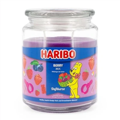 Obrázek Haribo Vonná svíčka ve skle s víčkem Berry Mix ovocná svíčky dlouhá doba hoření (100h) Fialové velká (510g)