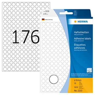 Obrázek HERMA 2210 bodová nálepka lepicí puntíky bílé, 5632 kusů, Ø 8 mm, 176 na jeden arch, samolepicí, označovací body pro kalendáře, plánovače, kutilství, matné, prázdné papírové barevné tečky
