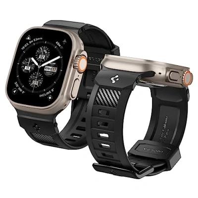 Obrázek Spigen Rugged pásek náramek vyvinut pro hodinky Apple Ultra 2/1 49 mm, série 10, 46 mm a 9/8/7/6/5/4/SE 45 44 černý, černá, Moderní
