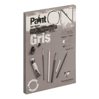 Obrázek Clairefontaine 975808C Zeichenblock / Skizzenheft PaintON, DIN A5 14,8x21 cm, kopfseitig geleimt, 30 Blatt, 250g, 100% Zellulose, ideal für Mixmedia, feinkörnung, Grau, 1 Stück.