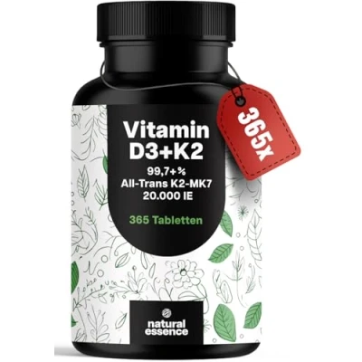 Obrázek Vitamín D3 K2 ve vysokých dávkách 365 tablet s 20000 IE Premium K2Vital® 99,7+% All Trans MK7 vitamin D bez přísad vyrobeno v Německu XXL Family balení