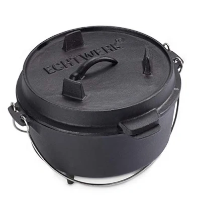 Obrázek Echtwerk Litinový grilovací hrnec Dutch Oven, cca 4,9 l, již vypálený preseasoned, víko s rukojetí z ušlechtilé oceli lze použít jako pánev, pro vnitřní i venkovní použití, malý