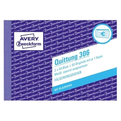 Obrázek AVERY Zweckform 306 bloků stvrzenek (A6 na šířku, 2x50 listů, s průrazem, proti falšování, samostatně vykázaná DPH, pro Německo a Rakousko) bílý