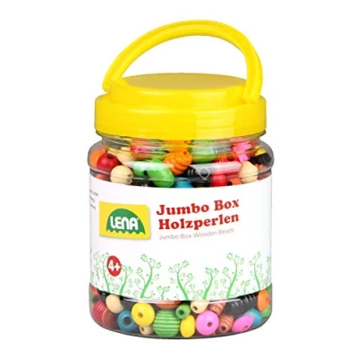 Obrázek LENA Sada pro kutily, Jumbo Box dřevěné navlékací perly, barevné korálky k navlékání se šňůrami, barevně tříděné, ideální tvoření náramků a řetězů, vhodné děti od 4 let