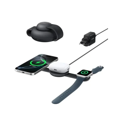 Obrázek Anker Bezdrátová nabíjecí stanice MagGo 3 v 1, kompatibilní s MagSafe, 15W nabíječka certifikací Qi2 (se zástrčkou EU/US/UK), skládací cestovní podložka pro iPhone 16/15, AirPods, Apple
