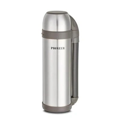 Obrázek Pioneer Outdoor Isolierflasche aus Hochwertigem Edelstahl mit Griff und Tasse 1,8 L Doppelwandig Auslaufsicher 8 Stunden Heiß oder Kühl BPA Frei Gebürsteter Stahl
