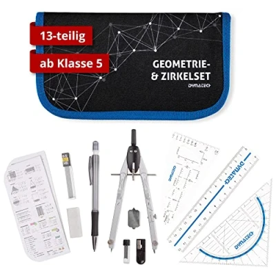 Obrázek DynaTech sada kružítek geometrická 12 dílů, geometrický trojúhelník, parabolka, tužka, guma, ořezávátko a náhradní náplně v pouzdře se zipem, modrá praktická matematika vč. penálu