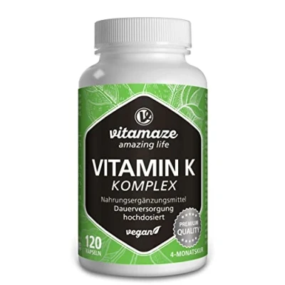 Obrázek Komplex vitamínu K s vysokou dávkou a veganský, K1 1 000 mcg + K2 Menaquinon (1 MK4 200 MK7), 120 kapslí po dobu 4 měsíců, nejlepší biologická dostupnost, vyrobeno v Německu