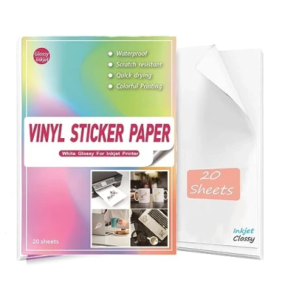 Obrázek Sticker Papier zum bedrucken A4 Glänzend Weiß 20 Blätter，Wasserfester Vinylaufkleber für Inkjetdrucker und Laserdrucker Inkjet Etiketten Selbstklebendön &amp; Trocknet Schnell