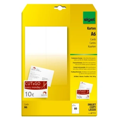Obrázek SIGEL LP711 prázdné pohlednice / bílé, A6, oboustranně potisknutelné, 185 g, 80 kusů