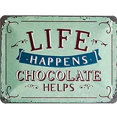 Obrázek Nostalgic Art Retro plechový štít, 15 x 20 cm, Life Happens Chocolate Helps nápad na dárek s krásným nápisem, z kovu, vintage design textem