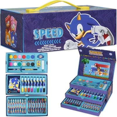 Obrázek sada pro kutily Sonic děti fixy a pastelky Škola Příslušenství k kreslení, 40+ kusů, umělecká kufřík ideální na výlety do školky malířská chlapce dívky, dárky sady