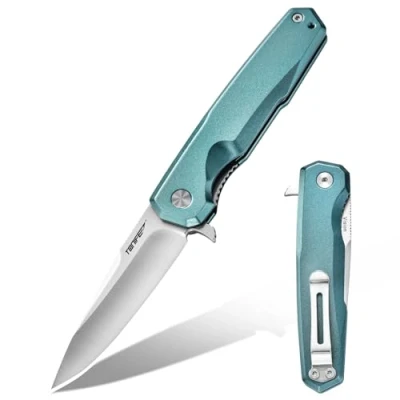 Obrázek TONIFE Zavírací nůž Vision Outdoor s 8Cr14MoV čepelí a hliníkovou rukojetí Survival klipem Bushcraft nožem (cyan satén)