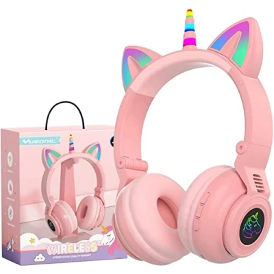 Obrázek hisonic Dětská Bluetooth sluchátka, sluchátka Over Ear s pestrými světly, mikrofonem a slotem na SD kartu pro děti od 3 let. (růžová)