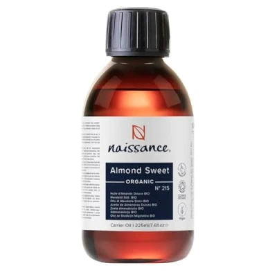 Obrázek Naissance Sladký mandlový olej bio (č. 215) 225 ml 100% přírodní, certifikovaný, lisovaný za studena, veganský, bez hexanu, genetické techniky Ideální pro masáže, péči o pokožku a vlasy.