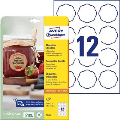 Obrázek AVERY Zweckform etikety na marmeládu č. 5085 (120 samolepek odstranitelná, 60 x 59,5 mm A4, květinový tvar, ideální pro zavařovací sklenice, pečivo, dárky a vlastnoručně vyrobené z kuchyně), 10 listů bílý