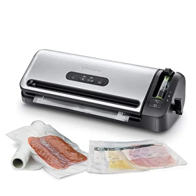 Obrázek FoodSaver Vakuovačka s řezacím zařízením a uložením rolí ručním vakuovačem funkcí marinování obsahuje tříděné vakuové pytle [FFS017X], stříbrná barva