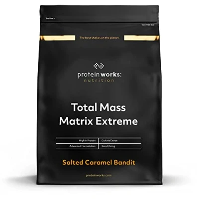 Obrázek Protein Works Total Mass Matrix Extreme 975 kalorií na porci Weight Gainer Shakes pro přivádění 5 servings Salted Caramel 1. 325kg