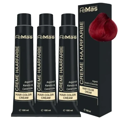Obrázek FemMas barva na vlasy Pure &amp; Mix 3x červená I profesionální krémová s arganovým olejem, keratinem a ceramidy Jako trvalé barvení vlasů nebo tónování pro zářivé, trvanlivé barevné