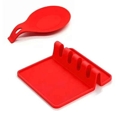 Obrázek Silikon Utensilienablage mit Abtropfpad für mehrere Utensilien, küche Löffelablage Schöpflöffel, Pfannenwender, Zange, Gabel 2er Set (rot)