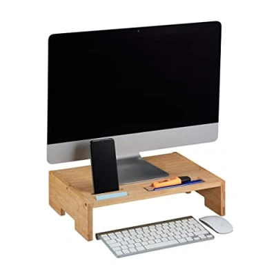 Obrázek Relaxdays Bambusový stojan na monitor, 3 přihrádky, výška obrazovky psací stůl, podstavec pod v x š h: 10,5 41 28 cm, přírodní, 100%