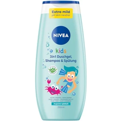 Obrázek NIVEA Kids 3in1 Duschgel, Shampoo &amp; Spülung, Pflege und Reinigung für mit magischem Apfelduft, extra milde, seifenfreie Haar Hautpflege Kinder (250 ml)
