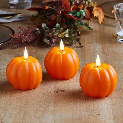 Obrázek Lights4fun 3dílná sada TruGlow® dýňové svíčky oranžové s teplým bílým LED plamenem časovačem Halloween dekorace podzim dýně
