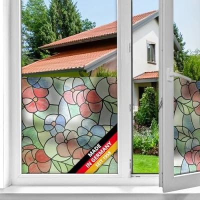 Obrázek d c fix Okenní fólie Lisboa červená barevná samolepicí 45 cm x 2 m neprůhledná pro vizuální ochranu ochrana před pohledy na okno lepicí skleněná květinový vzor barevné sklo