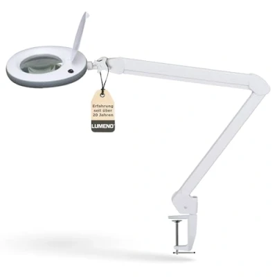 Obrázek Lumeno LED lampa s lupou 7215GR čočkou z pravého skla 127 mm, na pracoviště, kosmetiku, kutily, pomůcka čtení, pro zvětšení, 5 dioptrií, šedá