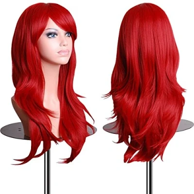 Obrázek EmaxDesign 70 cm vysoce kvalitní paruka pro ženy na cosplay.Dlouhá plná, kudrnatá, odolná vůči teplu.Módní půvabná ozdoba do vlasů se síťkou a hřebenem paruku (barevná:Červená).