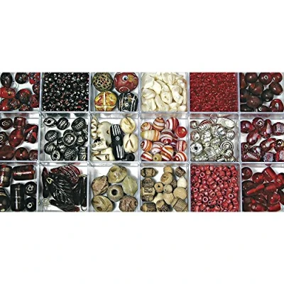 Obrázek Rayher Třídění skleněných perel, box 240 g, mix barev a velikostí, různé tvary v červené/rubínové / béžové stříbrné odstíny, korálky k navlékání, 14115815