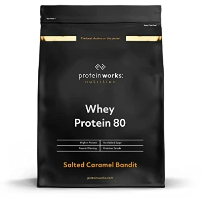 Obrázek Protein Works Whey 80 prášek (koncentrát) Salted Caramel Premium proteinový bohatý na proteiny a málo cukru 500 g