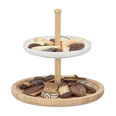 Obrázek Relaxdays Etažér bambus a keramika, 2patrový servírovací podnos, D x V: 25 cm na sušenky, ovoce, okusování, přírodní bílá
