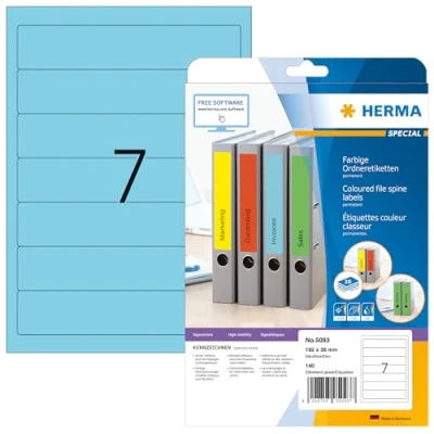 Obrázek HERMA 5093 hřbety pořadačů etikety krátké, úzké, 20 listů, 192 x 38 mm, 7 na arch A4, 140 kusů, samolepicí, potiskovatelné, neprůhledné, prázdné papírové štítky pořadače samolepicí nálepky, modré
